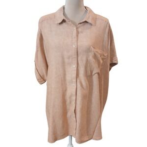 Terra Sky Women's 2X Linen Blend Button Up Shirt Short Sleeve Peach